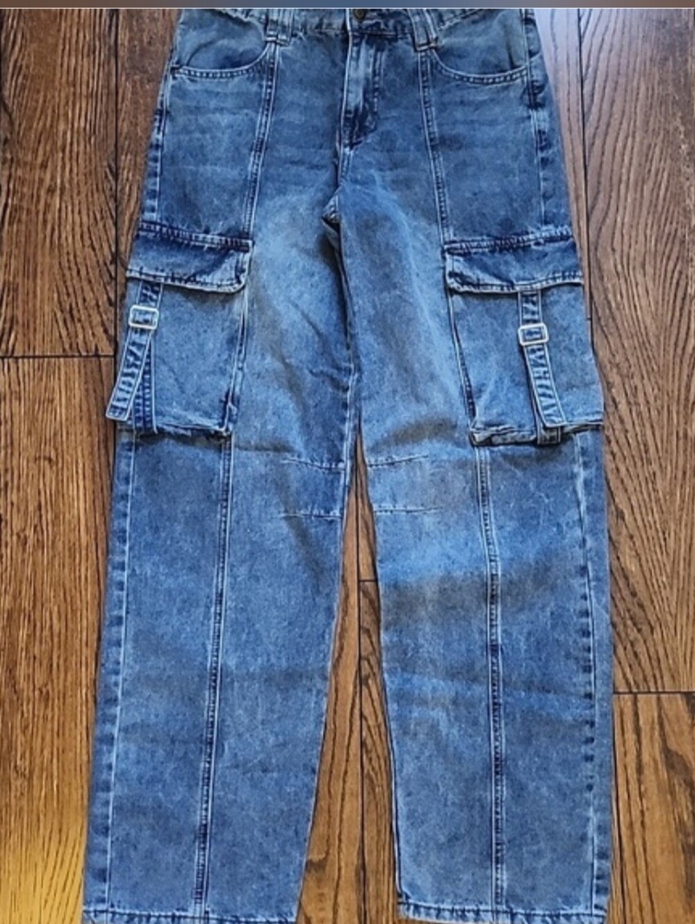 Wide Leg Cargo Jeans Boho Y2K Utility Denim Medium Wash Sz 25